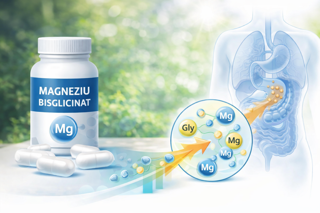Ilustratie medicala care prezinta modul de absorbtie al magneziului bisglicinat și interactiunea cu glicina.